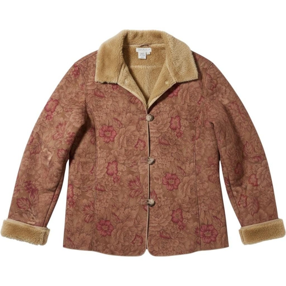 Vintage Floral Faux Suede Shearling Jacket Tan Rose Boho  Coat M earthy Hippie